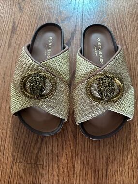 Kurt Geiger Gold Woven Slide Sandals with Decorative Buckle